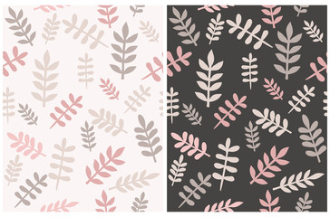 Cute Hand Drawn Floral Vector Patterns. Pink and Beige Twigs Isolated on a Dark Brown and Off-White Backgrounds. Infantile Style Floral Vector Print Ideal for Fabric, Textile, Wrapping Paper, Cover.