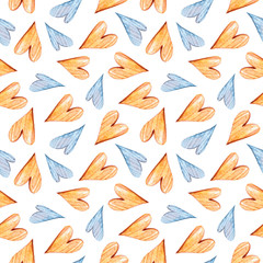 Watercolor seamless pattern with yellow hearts. Hand drawn print for Valentine's day, scrapbooking, wrapping paper