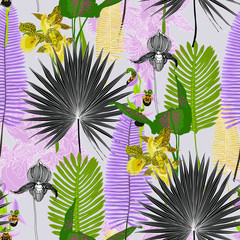 Floral seamless  pattern with bright tropical leaves and exotic flowers. Pattern can be used for wallpaper and textile, pattern fills, web page background, surface textures.