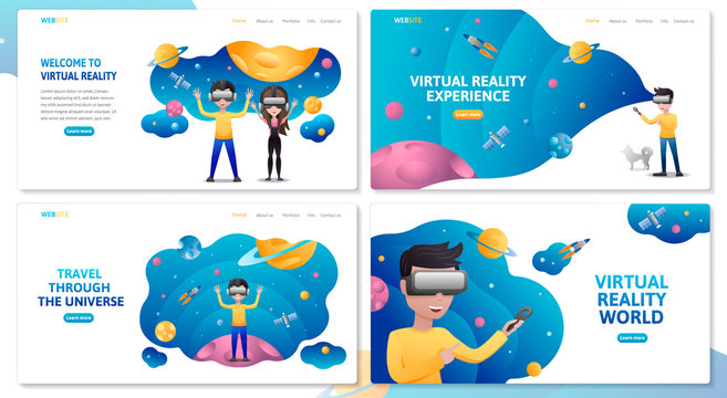  Virtual reality website template set. Man wearing vr headset and looking at outer space with planets and rockets. Augmented reality concept with people learning and entertaining.  Vector illustration