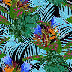 Floral seamless  pattern with bright tropical leaves and exotic flowers. Pattern can be used for wallpaper and textile, pattern fills, web page background, surface textures.