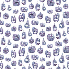 Watercolor Halloween seamless pattern with Pumpkins on white background on white background
