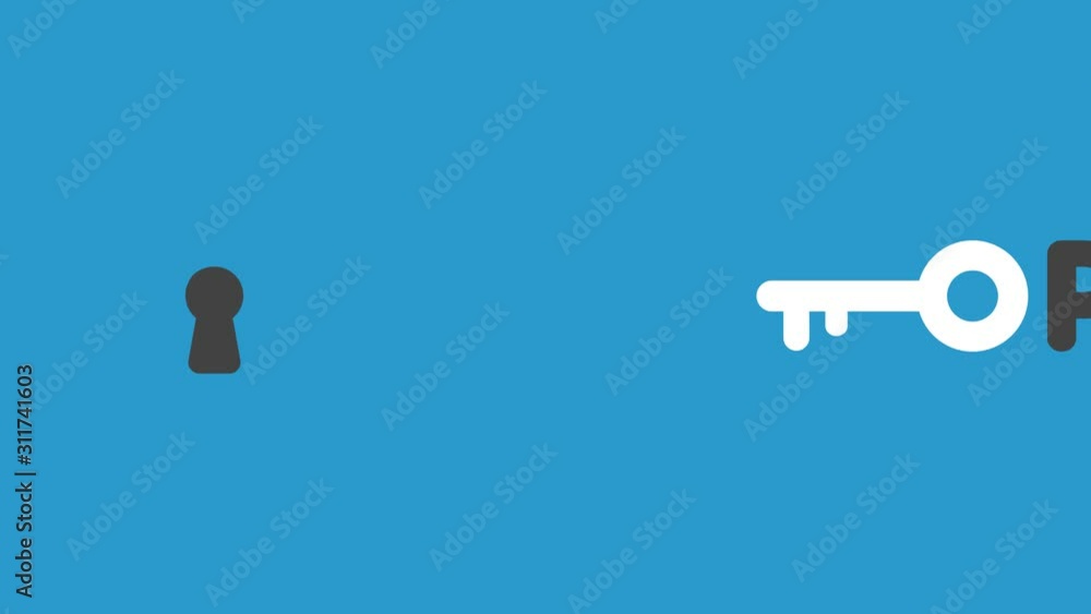 Poster animation of open word with key into keyhole, blue background.