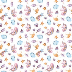 Watercolor hand painted seamless pattern with magical unicorns, ice cream, ,rainbow, stars, diamond, clouds on white background. Cute cartoon illustration