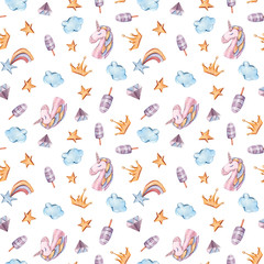 Watercolor hand painted seamless pattern with magical unicorns, rainbow, stars, diamond, clouds on white background. Cute cartoon illustration