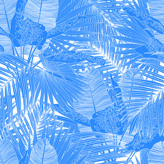 Seamless tropical pattern with palm leaves and exotic flowers. Graphic vector background.