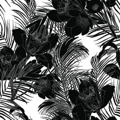 Black and white  seamless pattern with graphic leaves and exotic flowers . Abstract background texture.