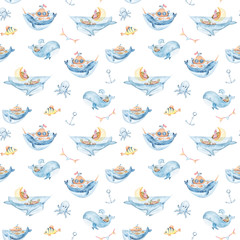 Watercolor hand painted sea life set. Seamless pattern with whales, fish on white background. Can be used for a poster, printing on fabric., scrapbooking, wrapping paper