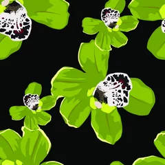 Foto op Plexiglas Orchidee Naadloze patroon met orchideeën op donkere achtergrond. Abstracte textuur als achtergrond.