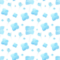 Watercolor hand drawn blue hydrangea flowers seamless pattern on white backgaround. Monochrome flowers background. Perfect for covers, print, textile, fabric design. 