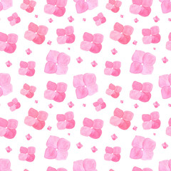 Watercolor hand drawn pink hydrangea flowers seamless pattern on white background. Monochrome flowers background. Perfect for covers, print, textile, fabric design. 
