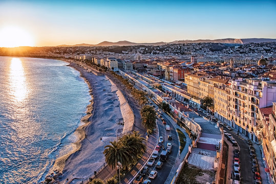 City of Nice at sunset on the French Riviera
