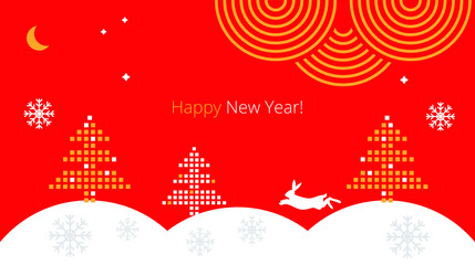 Template for Happy New Year greetings with winter forest, pixel Christmas trees, hare and snowdrifts in a flat business style