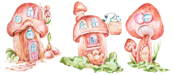 Aquarel cartoon fantasie paddestoel huis clipart. Kan worden gebruikt voor baby& 39 s afdrukken, patroon, wenskaarten, verjaardagsuitnodigingen, babydouche