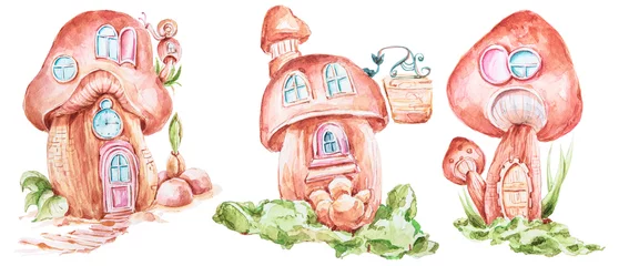 Fotobehang Fantasie huisjes Aquarel cartoon fantasie paddestoel huis clipart. Kan worden gebruikt voor baby& 39 s afdrukken, patroon, wenskaarten, verjaardagsuitnodigingen, babydouche