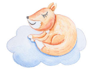 Watercolor hand painted fantasy cartoon dreaming fox on a cloud. Perfect for print, kids poster, design birthday invitation, baby shower, fabric, textile design