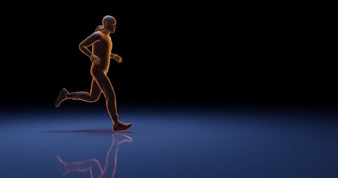 Side view of digital human figure with a orange wireframe running on blue floor. 3D animation Render. DCI 4K with copy space.