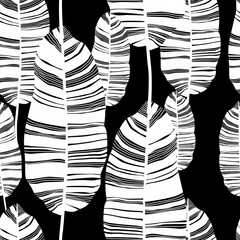 Black and white  seamless pattern with graphic leaves. Abstract background texture.