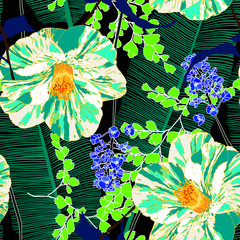 Floral seamless  pattern with bright tropical leaves and exotic flowers. Pattern can be used for wallpaper and textile, pattern fills, web page background, surface textures.