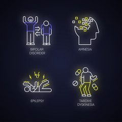 Mental disorder neon light icons set. Manic and depressive episodes. Bipolar disorder. Amnesia. Memory loss. Epileptic seizure. Tardive dyskinesia. Glowing signs. Vector isolated illustrations