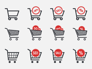 trolley icons, sale and discount icon set with shopping cart