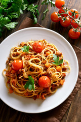 Spaghetti bolognese, top view