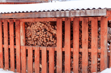 Firewood is stacked in winter. Chopped pile of wood. Lots of wood. Preparation of firewood for the winter Winter background texture pattern with stacked dry chopped firewood