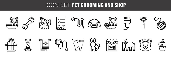 Cat care pet shop flat thin line vector icons. Simple linear conceptual symbols of pets food, toys, accessories for domestic animals.