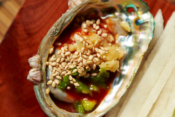 Seashell with Korean spicy sauce and ginger 