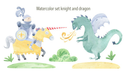 Watercolor knight and dragon duel
