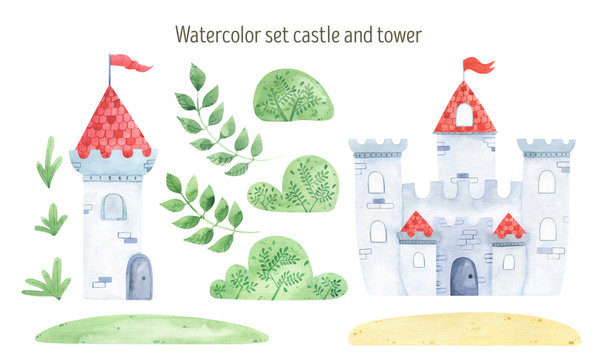 Watercolor Knight's Castle And Tower