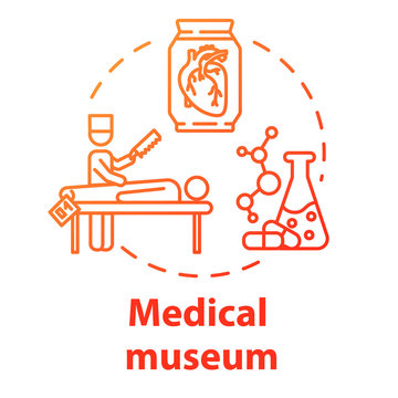 Medical museum concept icon. Anatomy exhibition. Body dissection and organ examination. Chemistry research. Scientific exposition idea thin line illustration. Vector isolated outline drawing