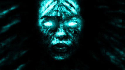 Ghost girl face with luminous eyes. Glitch effect.