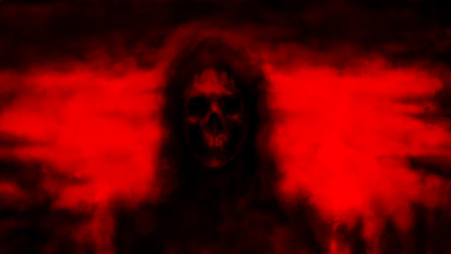 Goddess of death from darkness. Horror fantasy illustration. Evil queen looking ahead. Scary female face with glowing eyes. Gloomy character concept art.