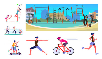 Set of active people during workout. Flat vector illustrations of families playing tennis, running marathon, stretching, riding bicycle. Sport concept for banner, website design or landing web page