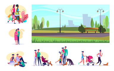 Set of citizens doing various activities. Flat vector illustrations of women shopping, families resting. Summer leisure concept for banner, website design or landing web page