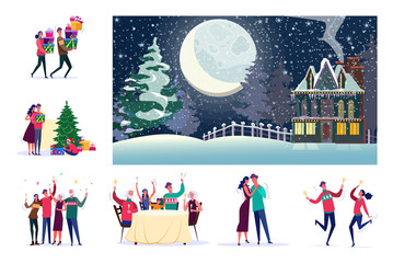 Set of families celebrating Christmas. Flat vector illustrations of people carrying presents, cheering and dancing. Winter holidays concept for banner, website design or landing web page