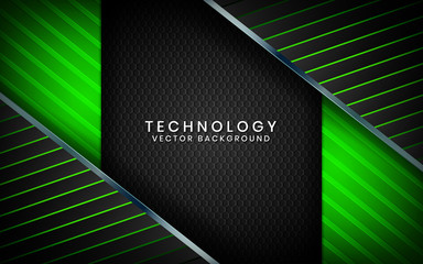 Abstract 3D black technology background overlap layers on dark space with green light effect decoration. Modern graphic design template elements for poster, flyer, brochure, or banner