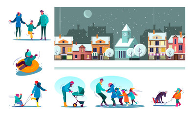 Set of families enjoying snowy winter. Flat vector illustrations of people skating, riding sledge, spending time together. Winter leisure concept for banner, website design or landing web page