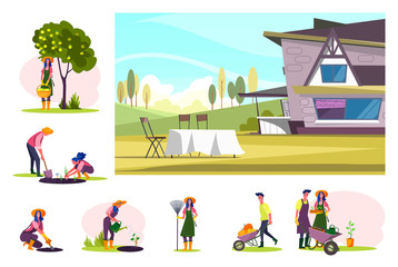 Set of grangers working at orchard. Flat vector illustrations of young people planting, watering plants, gazering harvest. Own farm concept for banner, website design or landing web page