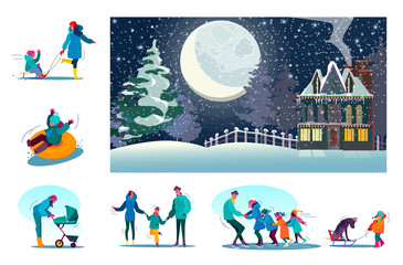 Set of happy families enjoying winter at rural area. Flat vector illustrations of people skating, spending time together. Winter leisure concept for banner, website design or landing web page