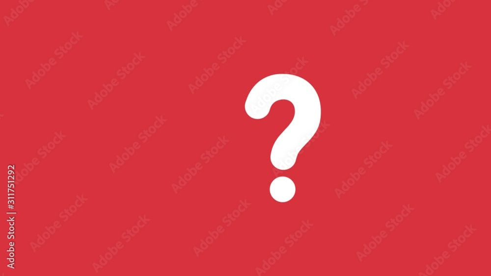 Poster animation of question mark and arrow moving down, red background.