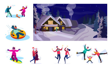 Set of people relaxing during winter holidays. Flat vector illustrations of people playing snowballs, snowboarding, dancing. Winter holidays concept for banner, website design or landing web page
