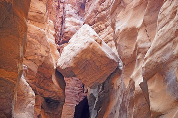 Jordan January 2019 Tourists in Wadi Mujib is a gorge in Jordan which enters the Dead Sea at 410 meters below sea level. The Mujib Reserve of Wadi Mujib is the lowest nature reserve in the world