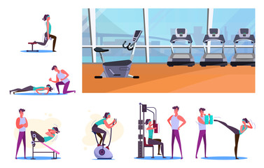 Naklejka premium Set of sportsmen training at gym. Flat vector illustrations of young woman exercising with trainer and alone. Sport concept for banner, website design or landing web page