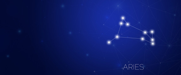 Zodiac constellation of Aries in abstract space environment with dots and lines at dark blue background with large copy space. © Stockwars