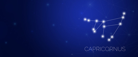 Zodiac constellation of Capricornus in abstract space environment with dots and lines at dark blue background with large copy space. © Stockwars