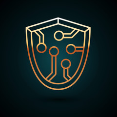 Gold line Cyber security icon isolated on dark blue background. Shield sign. Safety concept. Digital data protection. Vector Illustration © Oksana
