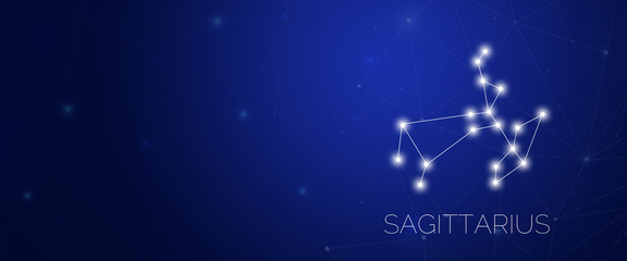 Zodiac constellation of Sagittarius in abstract space environment with dots and lines at dark blue background with large copy space.