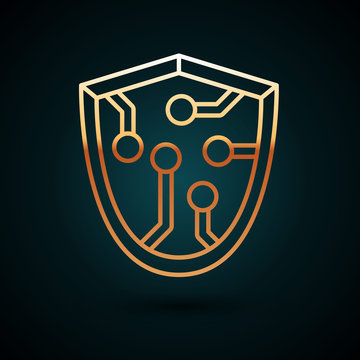 Gold line Cyber security icon isolated on dark blue background. Shield sign. Safety concept. Digital data protection. Vector Illustration